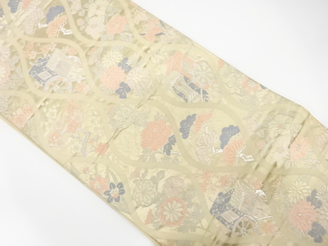 JAPANESE KIMONO / ANTIQUE FUKURO OBI / SILK / WOVEN FLOWER & CARRIAGE